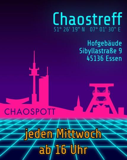 Neonfarbenes Retro-Poster für den "Chaostreff" in Essen. Im Vordergrund ein leuchtendes Raster im Stil der 80er, im Hintergrund Skyline mit Fernsehturm und Zeche Zollverein in Pink. Darunter der Ankündigungstext: „jeden Mittwoch ab 16 Uhr“, Adresse: Sibyllastraße 9, 45136 Essen.