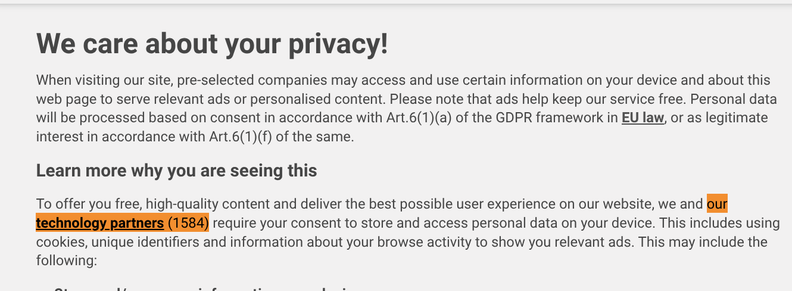 Screenshot of a cookie screen with the title "We care about your privacy!". Later in the text I have selected the part that reads, "our technology partners (1584)"