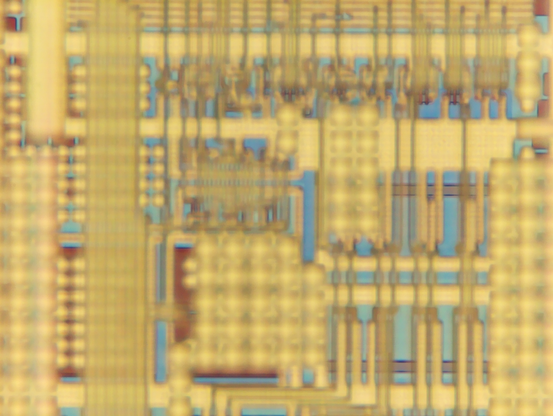 Poly/diffusion is in focus, but rather hard to see under two metal layers