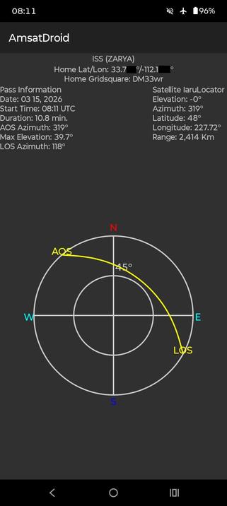 Screenshot from WD9EWK's AmsatDroid satellite tracking app, showing the ISS pass around 0810 UTC on 15 March 2026 over grid DM33wr. Some digits of the latitude and longitude are redacted. The ISS went from the northwest, clockwise to the southeast, at a maximum elevation of 39.7 degrees.
