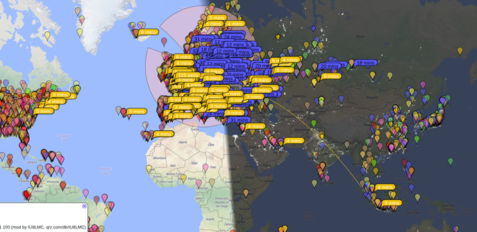 Footprint for 20/40mtrs in pskreporter. Strong in Europe, a bit of US east coast and so spikes deep into Asia